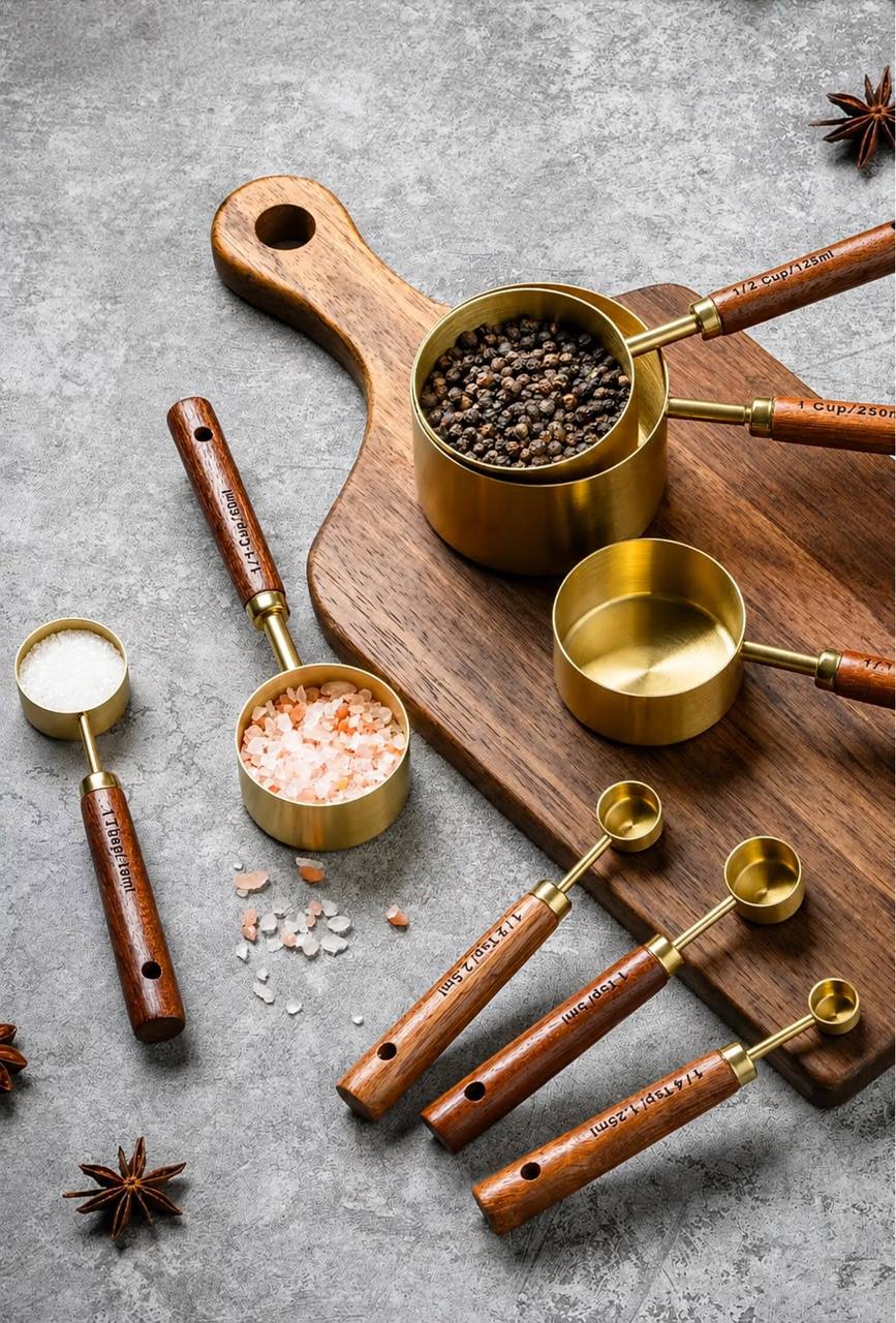 ست پیمانه اندازه‌گیری استیل با دسته چوبی